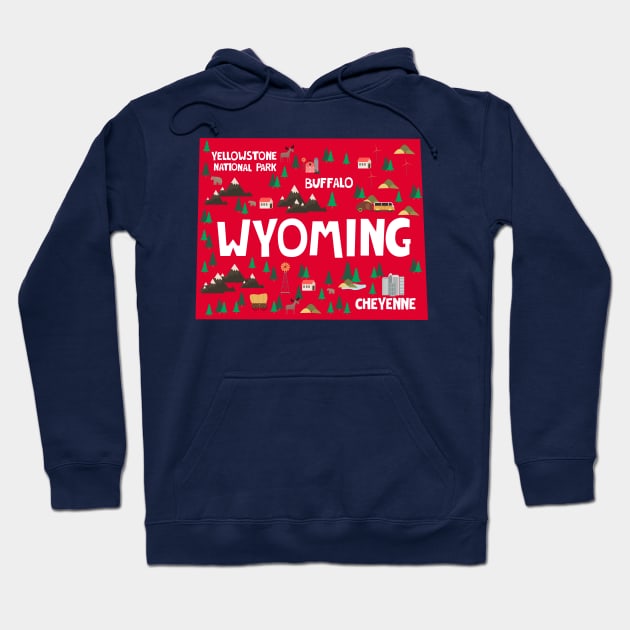 Wyoming State USA Illustrated Map Hoodie by JunkyDotCom